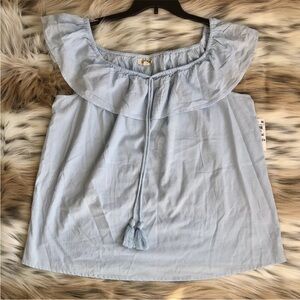 STYLE & CO BLOUSE SIZE XL OFF SHOULDER LIGHT BLUE LIGHTWEIGHT TASSEL Ps2